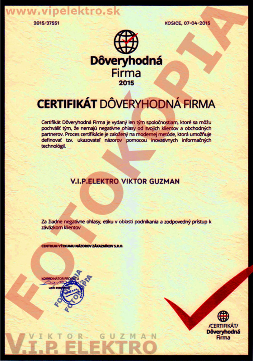 Certifikát Dôveryhodná firma 2015 pre V.I.P. ELEKTRO - Viktor Guzman
