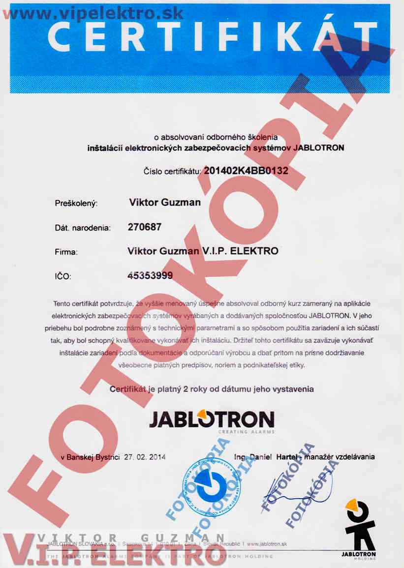 Certifikát Jablotron montáž servis inštalácia alarmu 2014