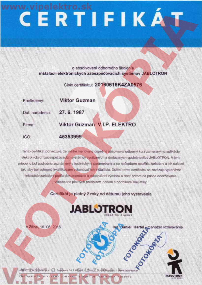 Certifikát Jablotron montáž servis inštalácia alarmu 2016