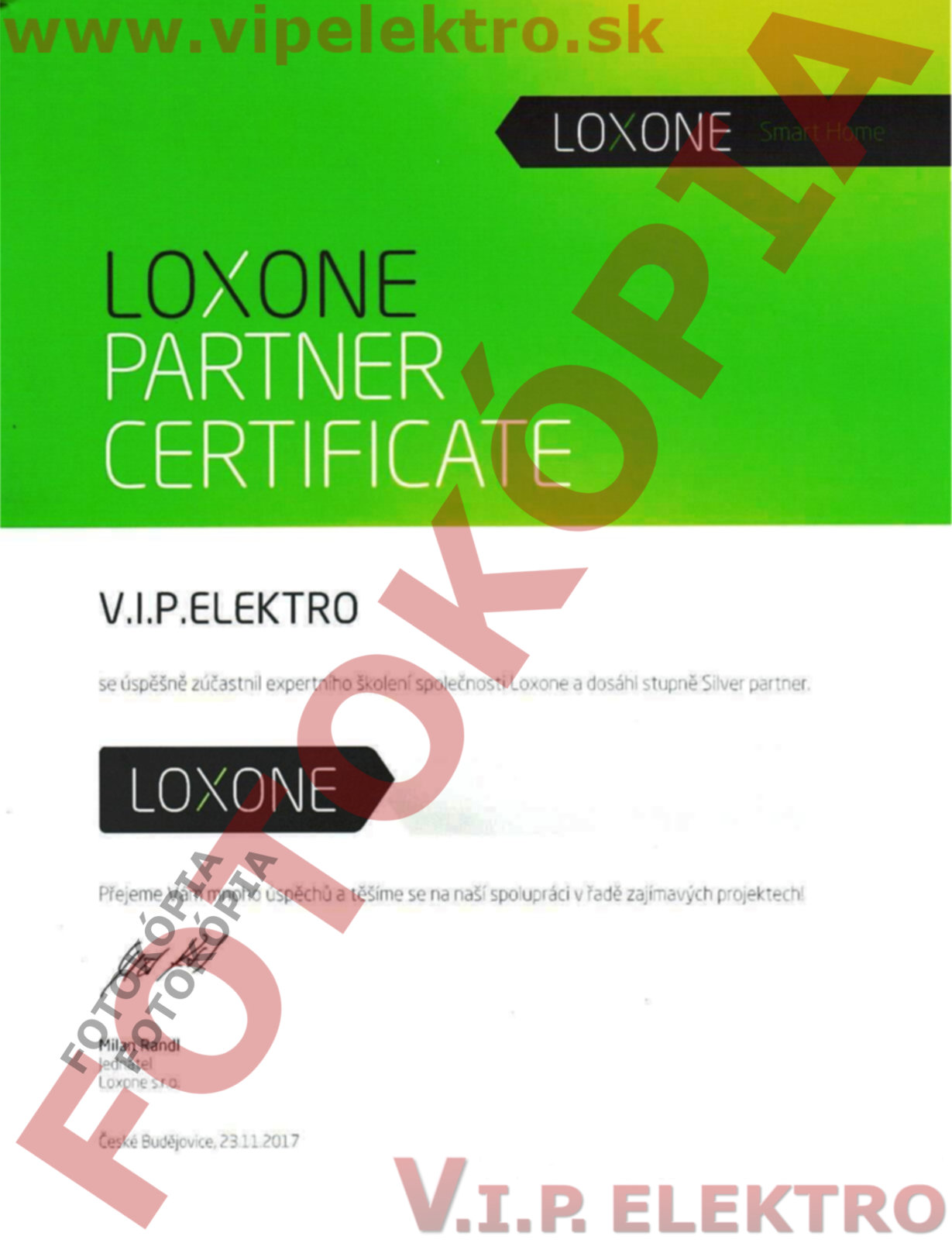 Certifikácia LOXONE - inteligentné domy - realizácie - pre V.I.P. ELEKTRO s.r.o. - SILVER PARTNER