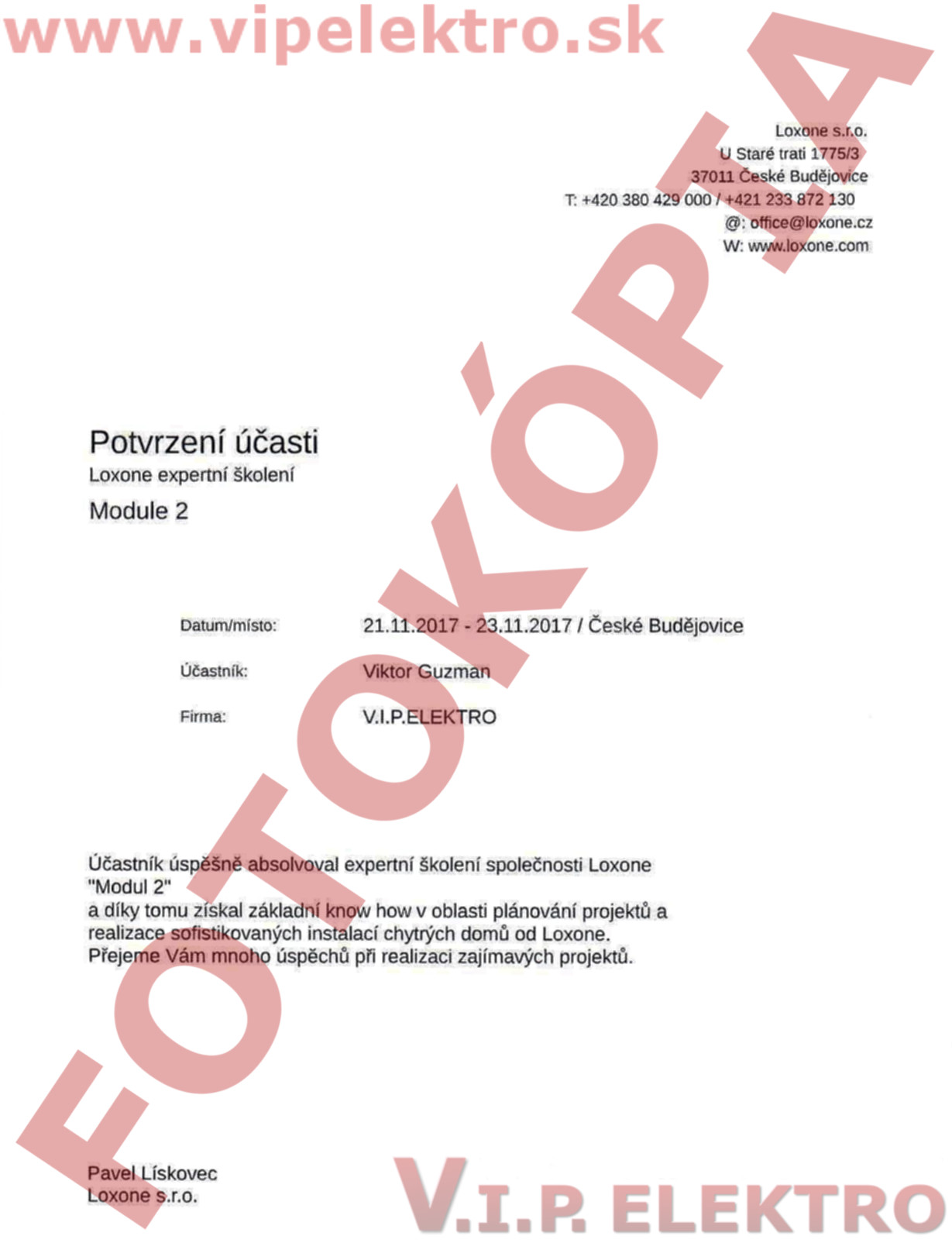 Certifikácia LOXONE - Potvrdenie účasti na školení pre Viktora Guzmana
