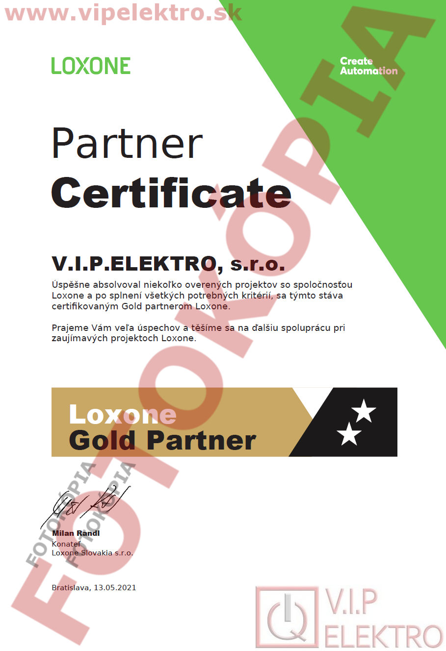 Certifikácia LOXONE - Loxone GOLD certifikát pre V.I.P. ELEKTRO s.r.o.