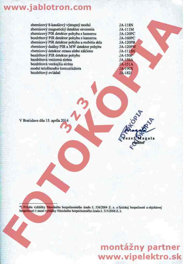Certifikát Národného bezpečnostného úradu pre produkt JABLOTRON 100 3 z 3